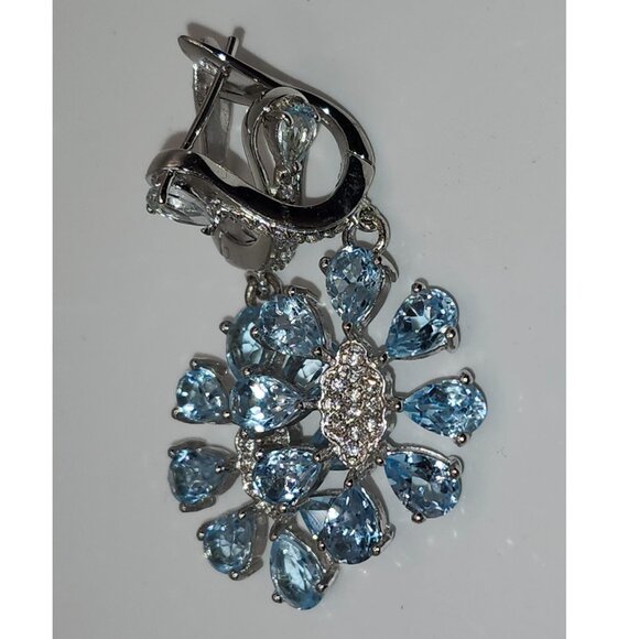 .925 Sterling Silver Floral Blue Topaz with CZ Centre Earrings Value $710 - Picture 2 of 6